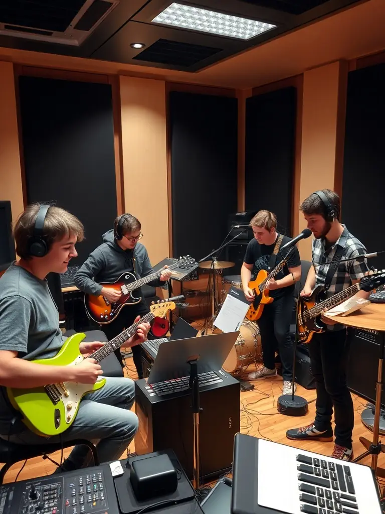 A photo of young musicians participating in a mentorship program at ILLUSION SONORE's studio, showing them collaborating with experienced mentors on music production.