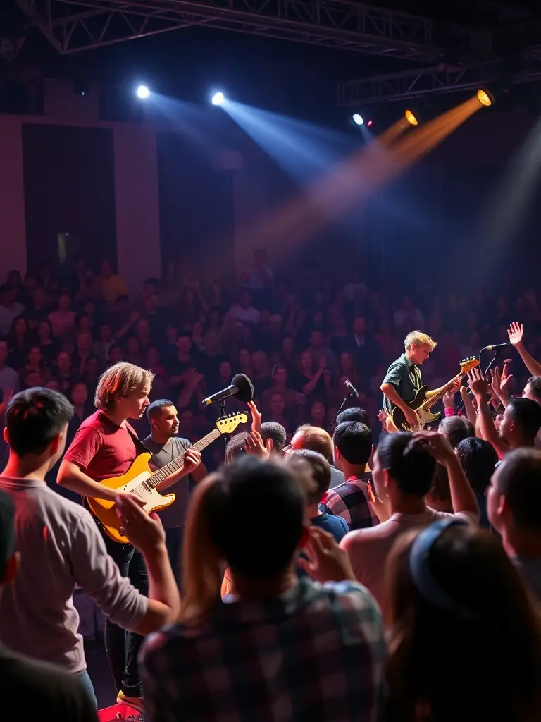 A vibrant photograph capturing a live music performance at one of ILLUSION SONORE's organized events, showcasing young musicians on stage with a diverse audience enjoying the show.