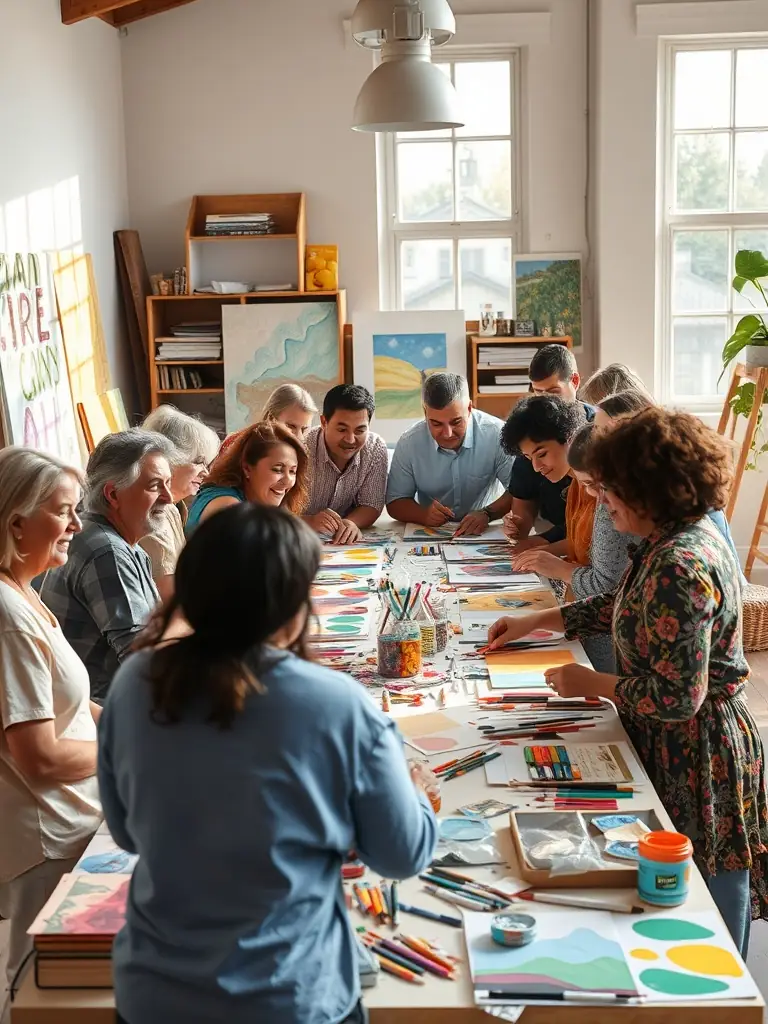 A diverse group of people participating in a community art workshop, highlighting ILLUSION SONORE's commitment to fostering creativity and cultural exchange.