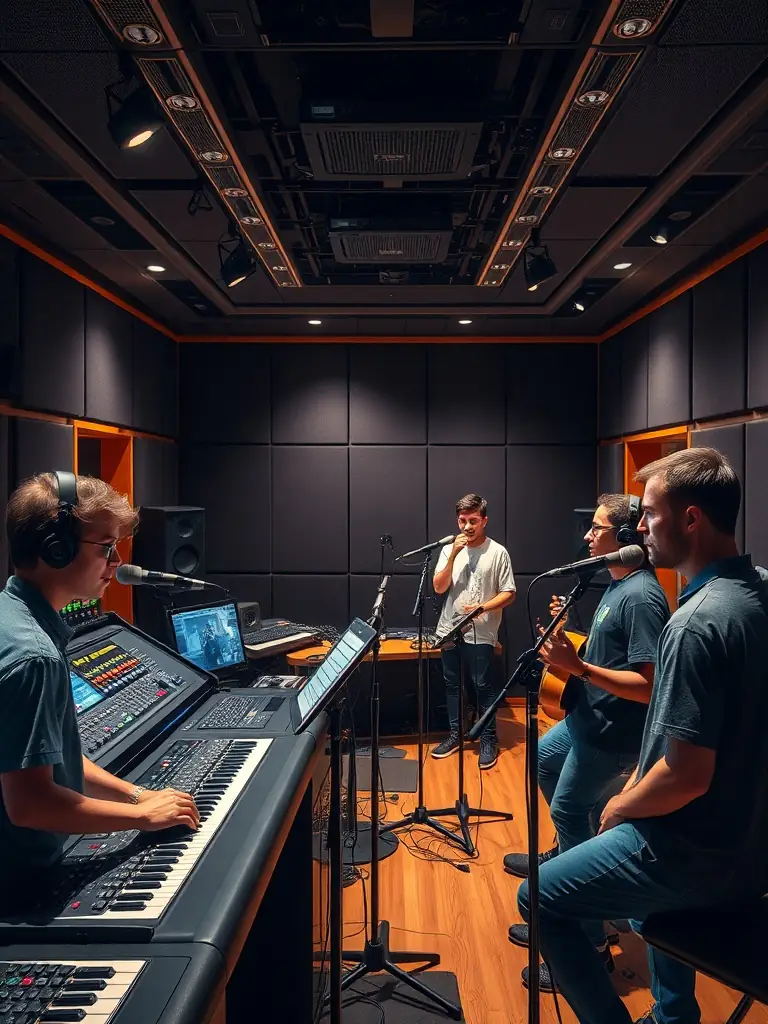A behind-the-scenes shot of artists utilizing ILLUSION SONORE's recording studio, emphasizing the professional equipment and creative atmosphere.