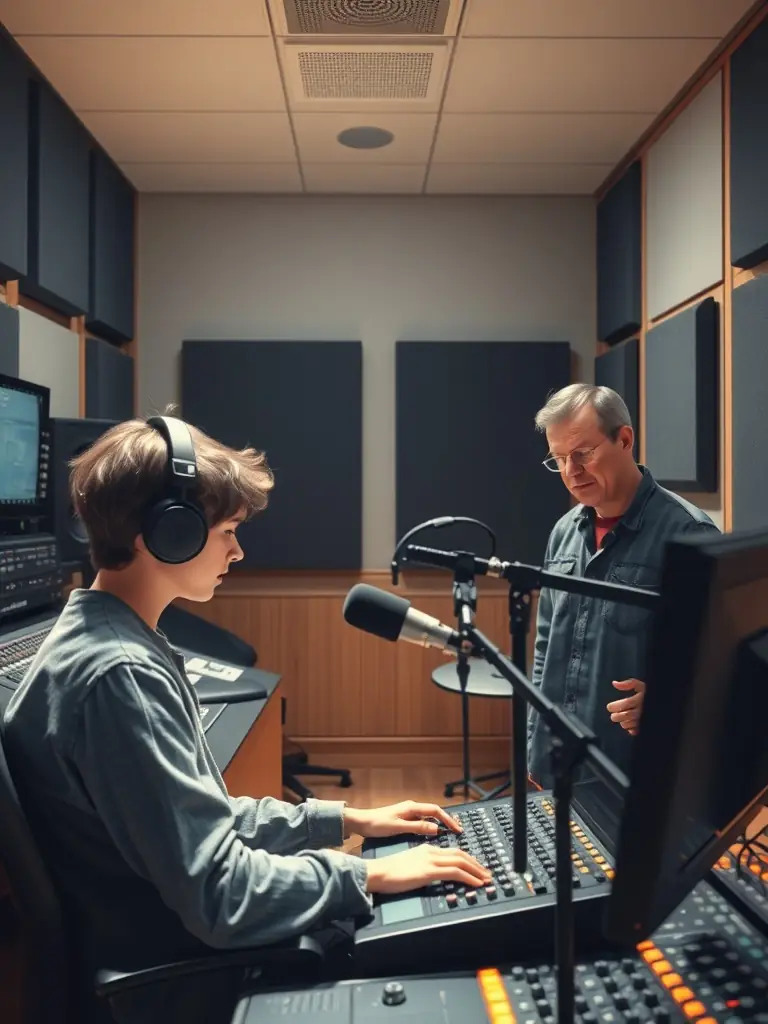 A picture of ILLUSION SONORE's recording studio, showcasing the state-of-the-art equipment and a young artist working on a recording project with the support of the studio engineers.