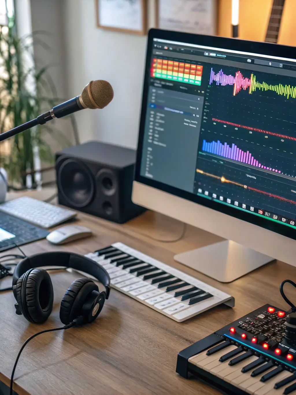 A professional recording studio with artists working on music production, microphones, and mixing consoles, illustrating ILLUSION SONORE's Production and Dissemination Tools program.