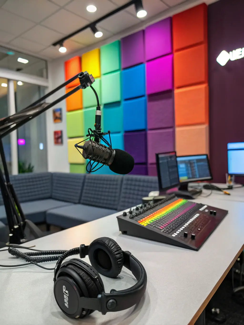 A vibrant image of a community radio station with DJs broadcasting live, showcasing the platform for artists to share their music and connect with audiences.