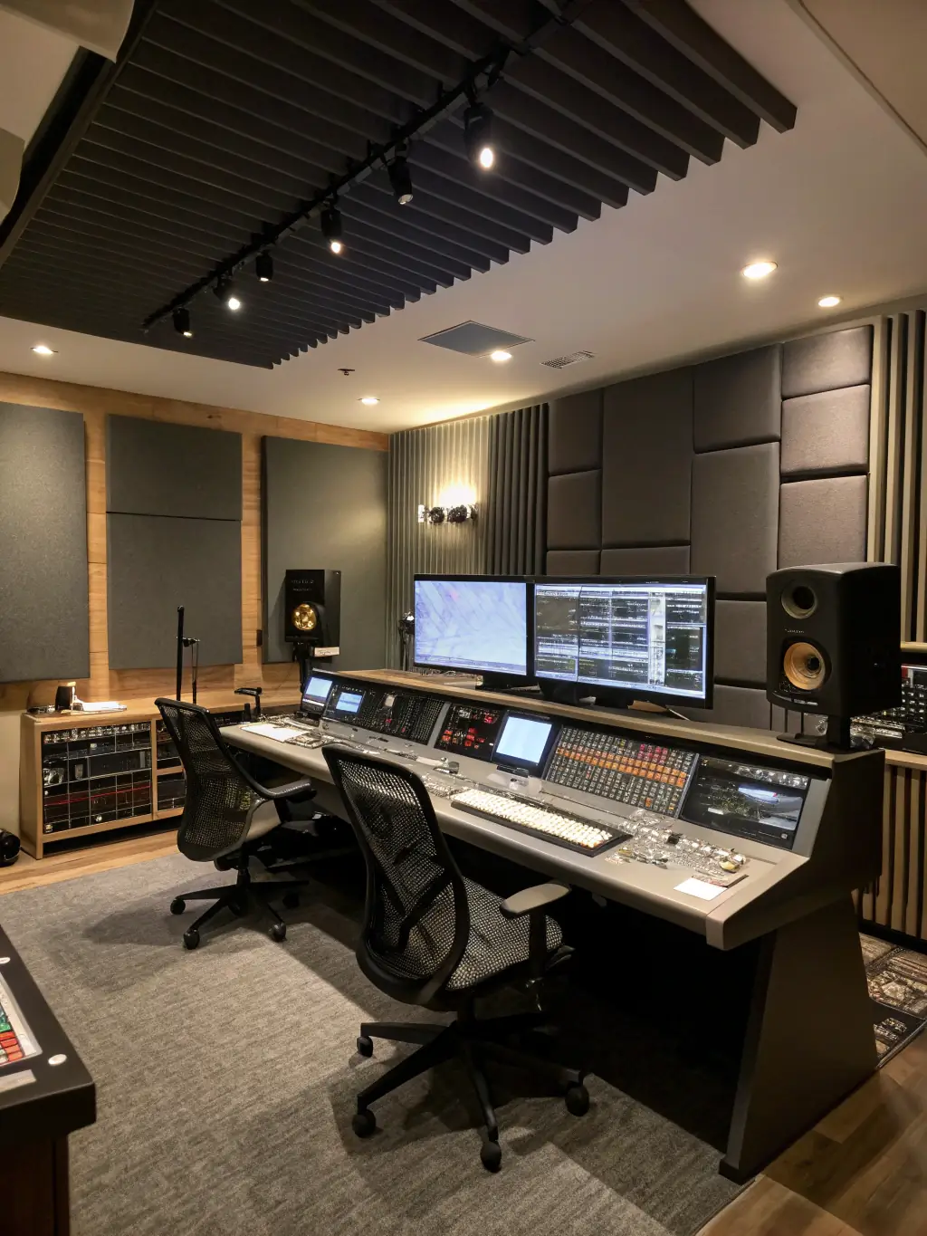 A modern recording studio setup with a mixing console, microphones, and soundproofing, showcasing the professional environment available to artists at ILLUSION SONORE.