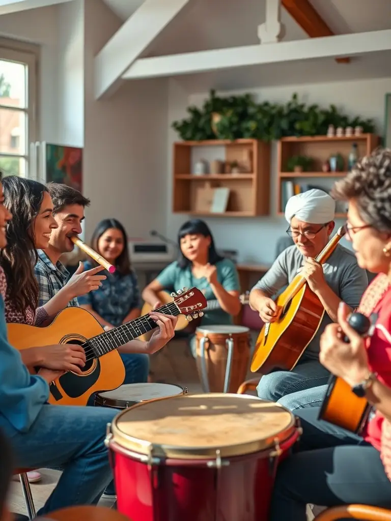 A group of community members participating in a music workshop hosted by ILLUSION SONORE, demonstrating the organization's commitment to community engagement.