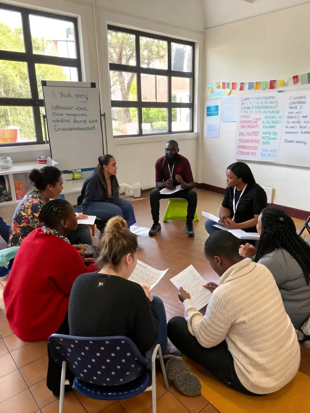 A group of diverse individuals participating in a cultural exchange workshop organized by ILLUSION SONORE, engaging in discussions and activities that promote cross-cultural understanding.