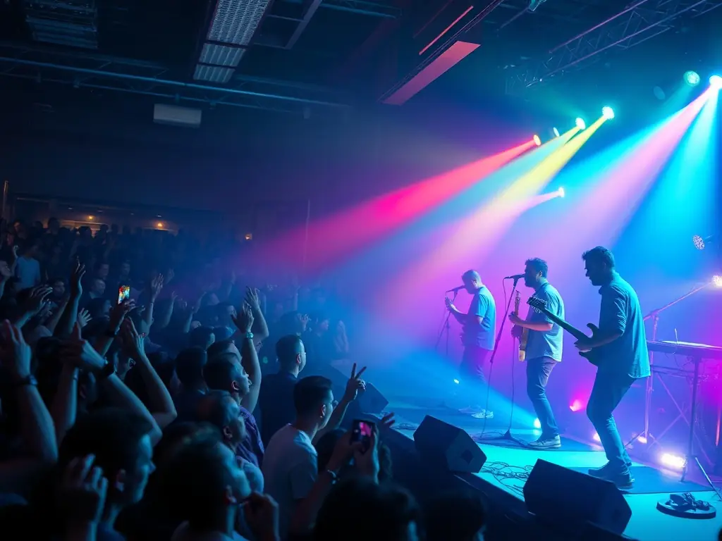 A vibrant image capturing a live music performance at one of ILLUSION SONORE's organized events, showcasing the energy and engagement of the audience and performers.