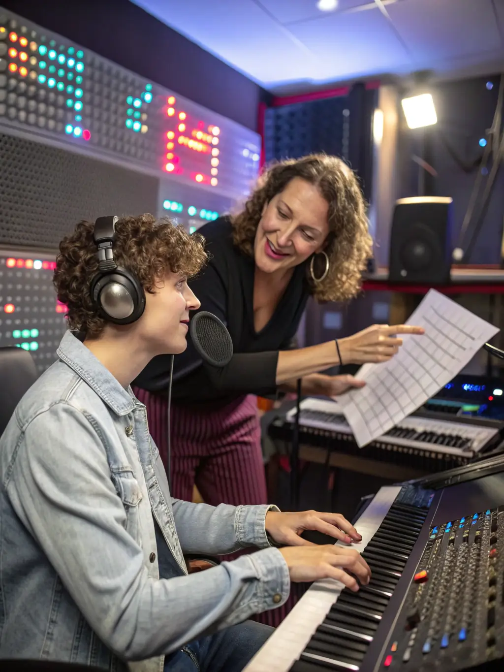 A young musician recording in a professional studio, with a mentor guiding them, showcasing ILLUSION SONORE's Support for Young Talents program.