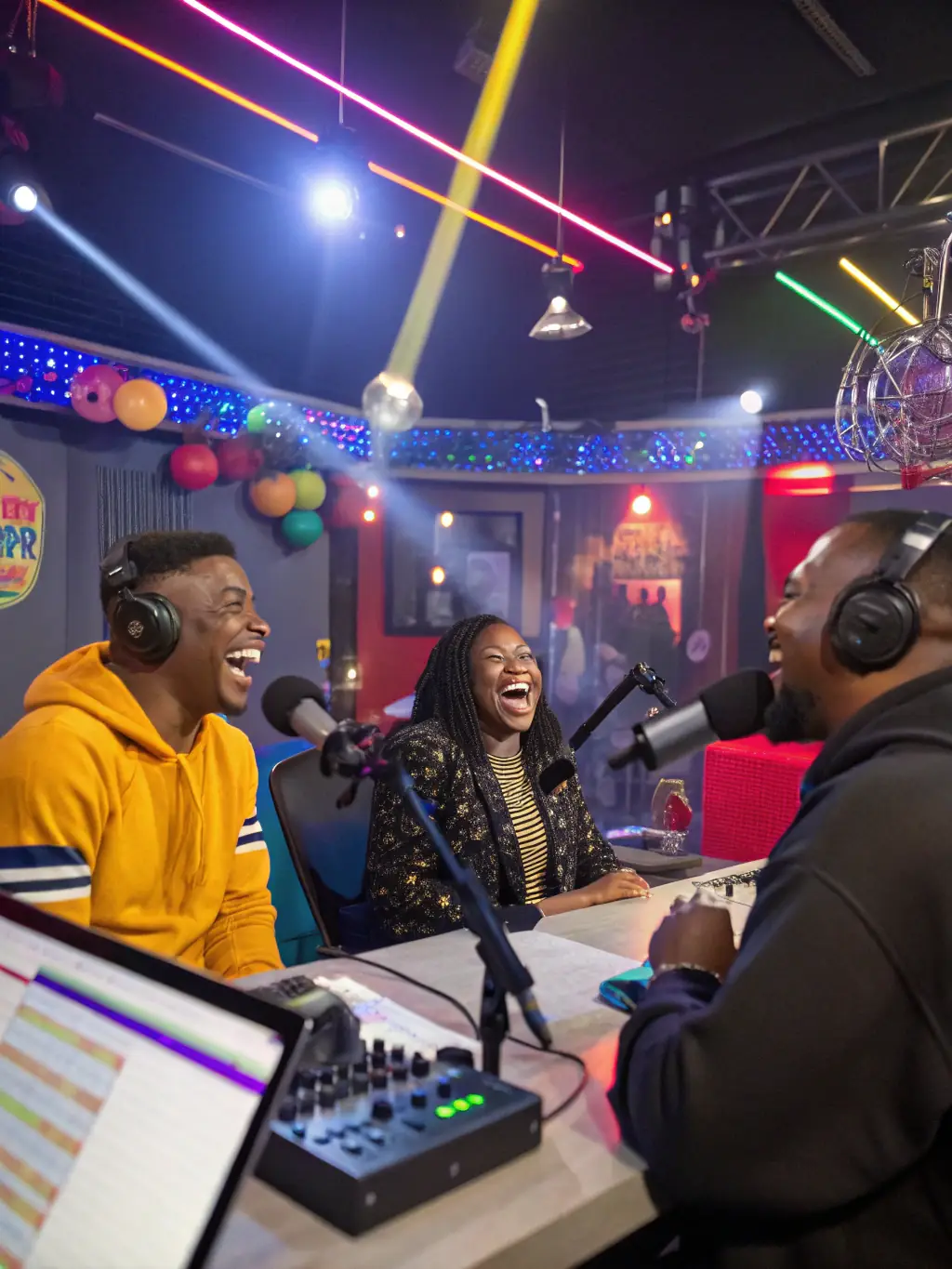 A snapshot of a community radio broadcast, with ILLUSION SONORE volunteers and local artists discussing music and culture on air.