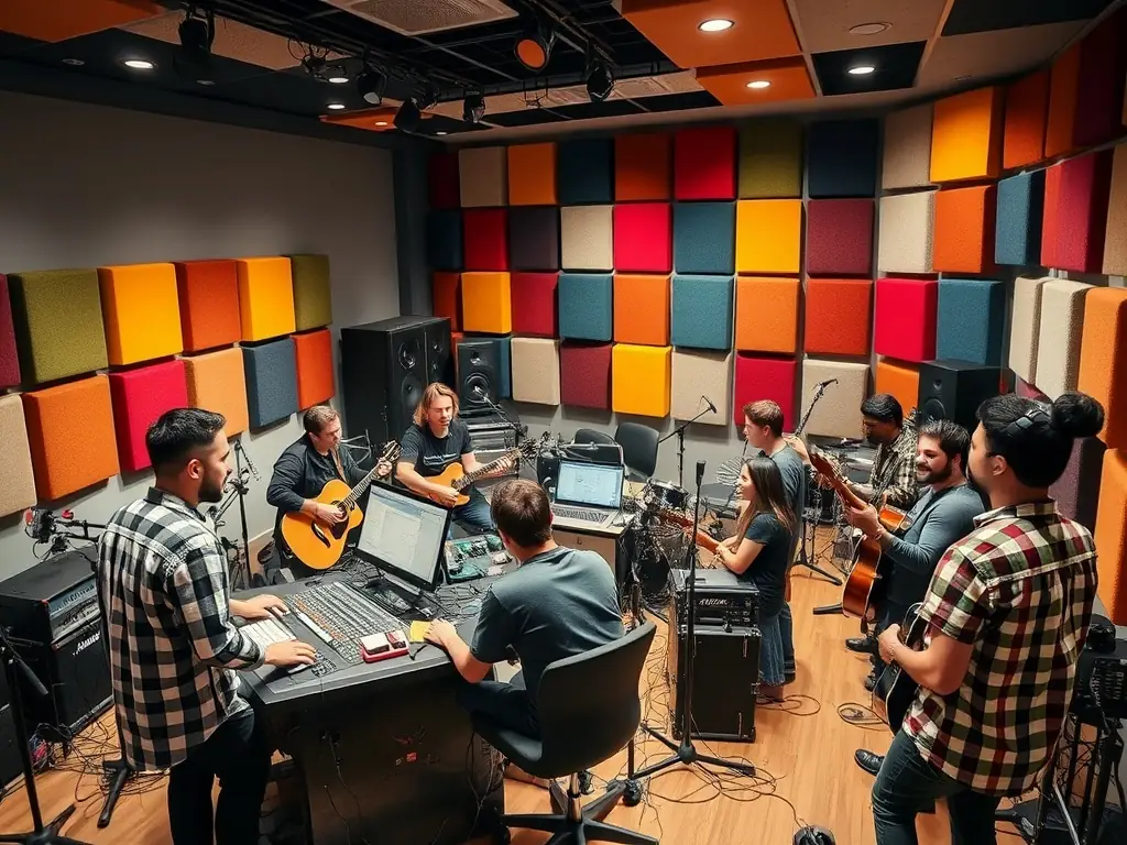 A photo of young musicians working in ILLUSION SONORE's recording studio, highlighting the organization's commitment to supporting emerging talent.