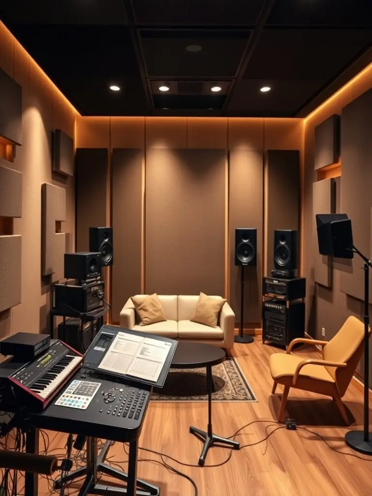 A picture of ILLUSION SONORE's recording studio, featuring modern equipment and a comfortable environment for artists to create and produce their music.