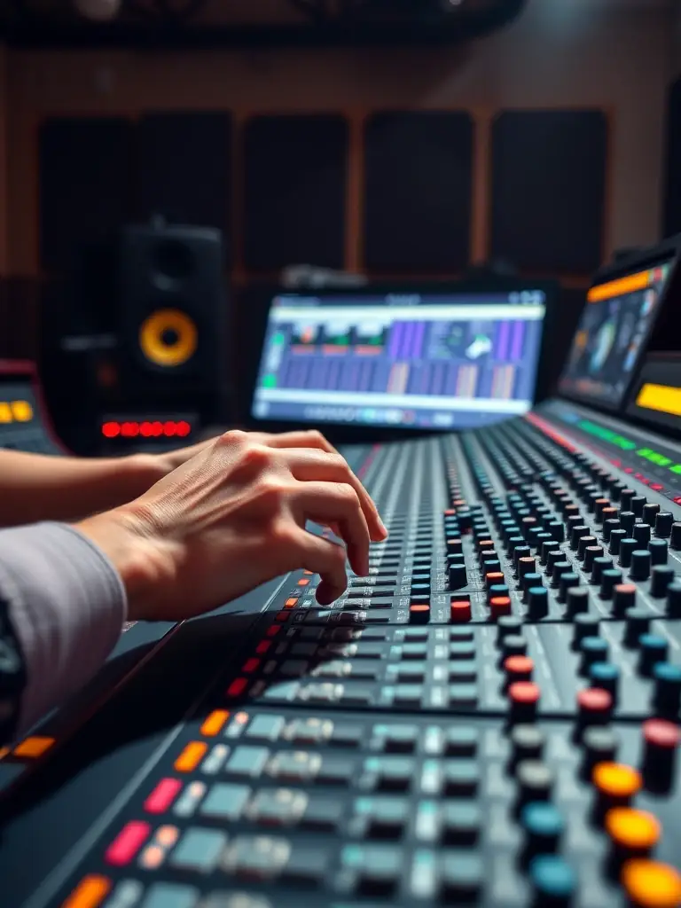 A photo of young musicians participating in a mentorship program at ILLUSION SONORE's studio, working with experienced producers and sound engineers.