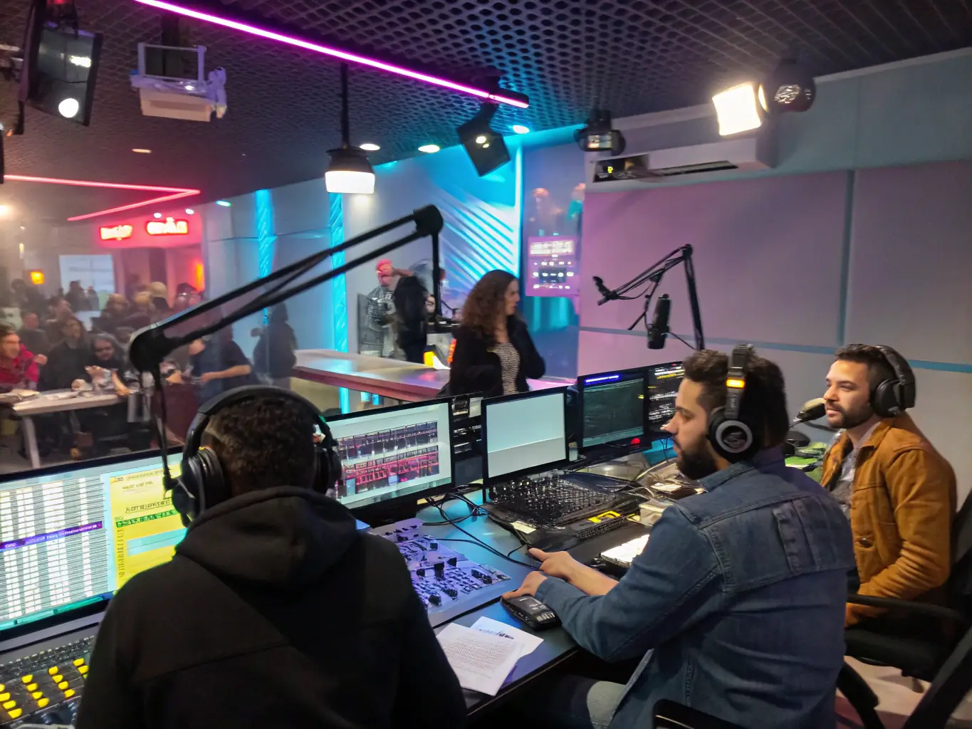 A picture of ILLUSION SONORE's community radio station in action, with volunteers and staff producing and broadcasting local content.